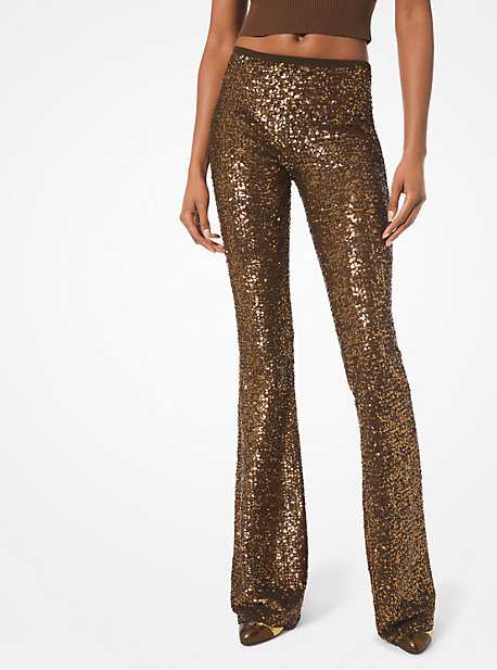 Michael Kors Sequined Stretch-tulle Flared Pants In Brown