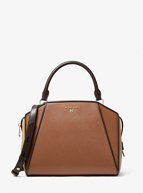 Cleo Medium Color-block Saffiano Leather Satchel In Brown