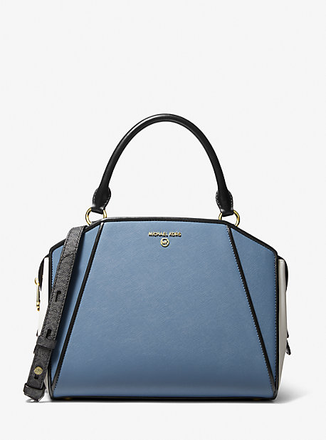 Cleo Medium Color-block Saffiano Leather Satchel In Blue