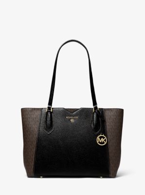 Mae Medium Pebbled Leather and Logo Tote Bag - MARRON/NOIR(MARRON) - Michael Kors