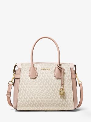 Michael Kors Medium Mercer Belted Brown & Soft Pink Logo Satchel