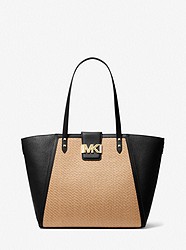 Karlie Large Straw and Pebbled Leather Tote Bag - NATURAL/BLACK - 30T2GCDT3W