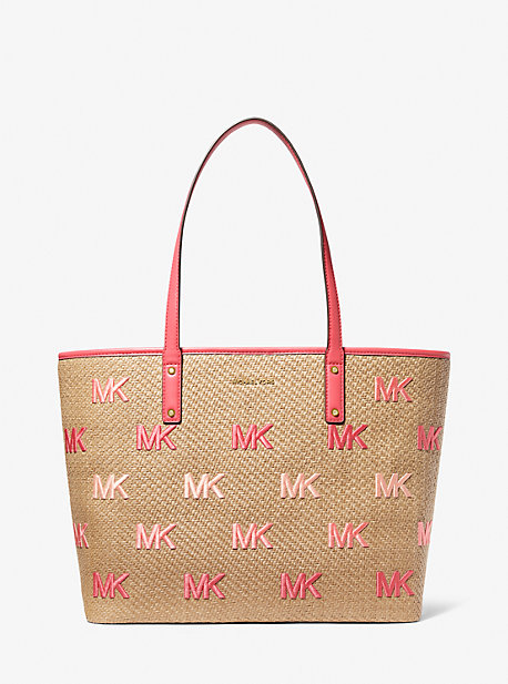 MK Carter Large Logo Embroidered Straw Tote Bag - Dahlia Multi - Michael Kors