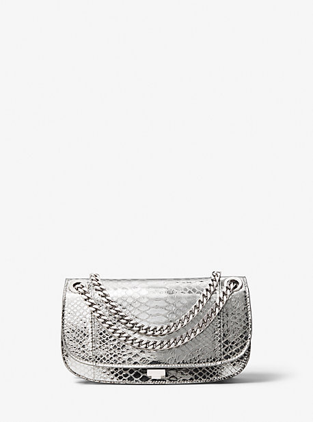 Michael Kors Christie Mini Metallic Python Embossed Leather Envelope Bag In Silver