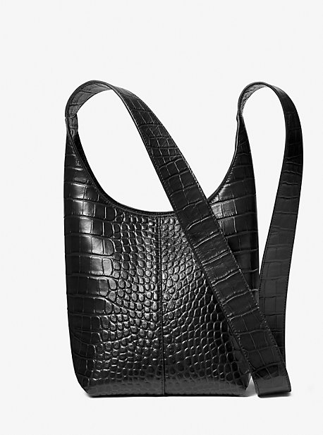Michael Kors Dede Mini Crocodile Embossed Leather Hobo Bag In Black