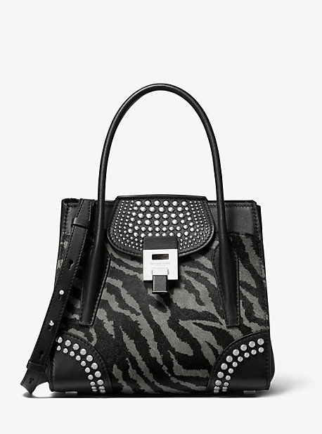 Sac porté main Bancroft de taille moyenne en poil de vachette à imprimé tigre et cuir clouté - ARDOI