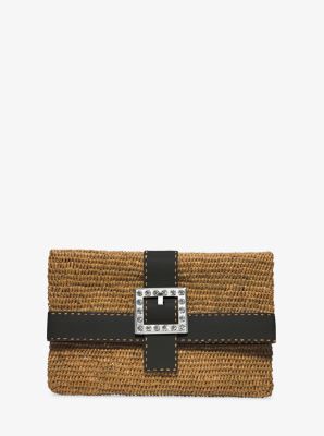 Janey Large Crystal-Embellished Raffia Clutch by Michael Kors