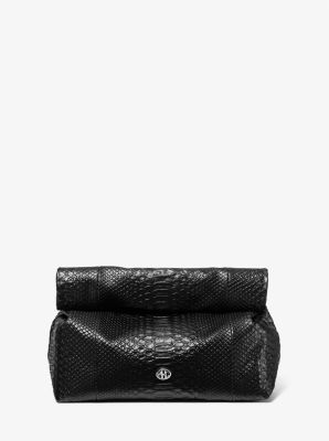 Michael Kors Monogramme Medium Python Embossed Leather Lunch Box Clutch In Black
