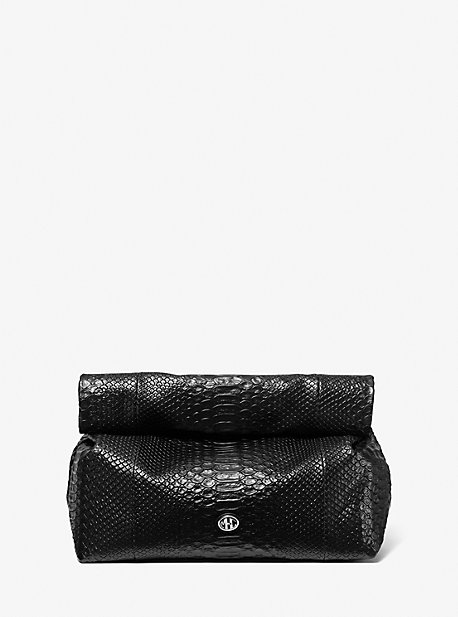 Michael Kors Monogramme Medium Python Embossed Leather Lunch Box Clutch In Black