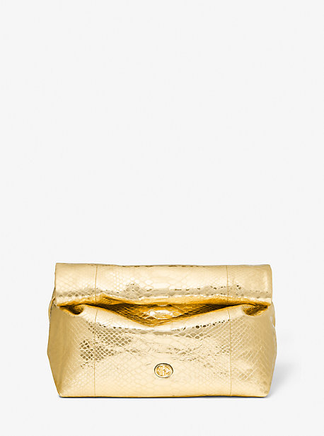 Michael Kors Monogramme Medium Metallic Python Embossed Leather Lunch Box Clutch In Gold