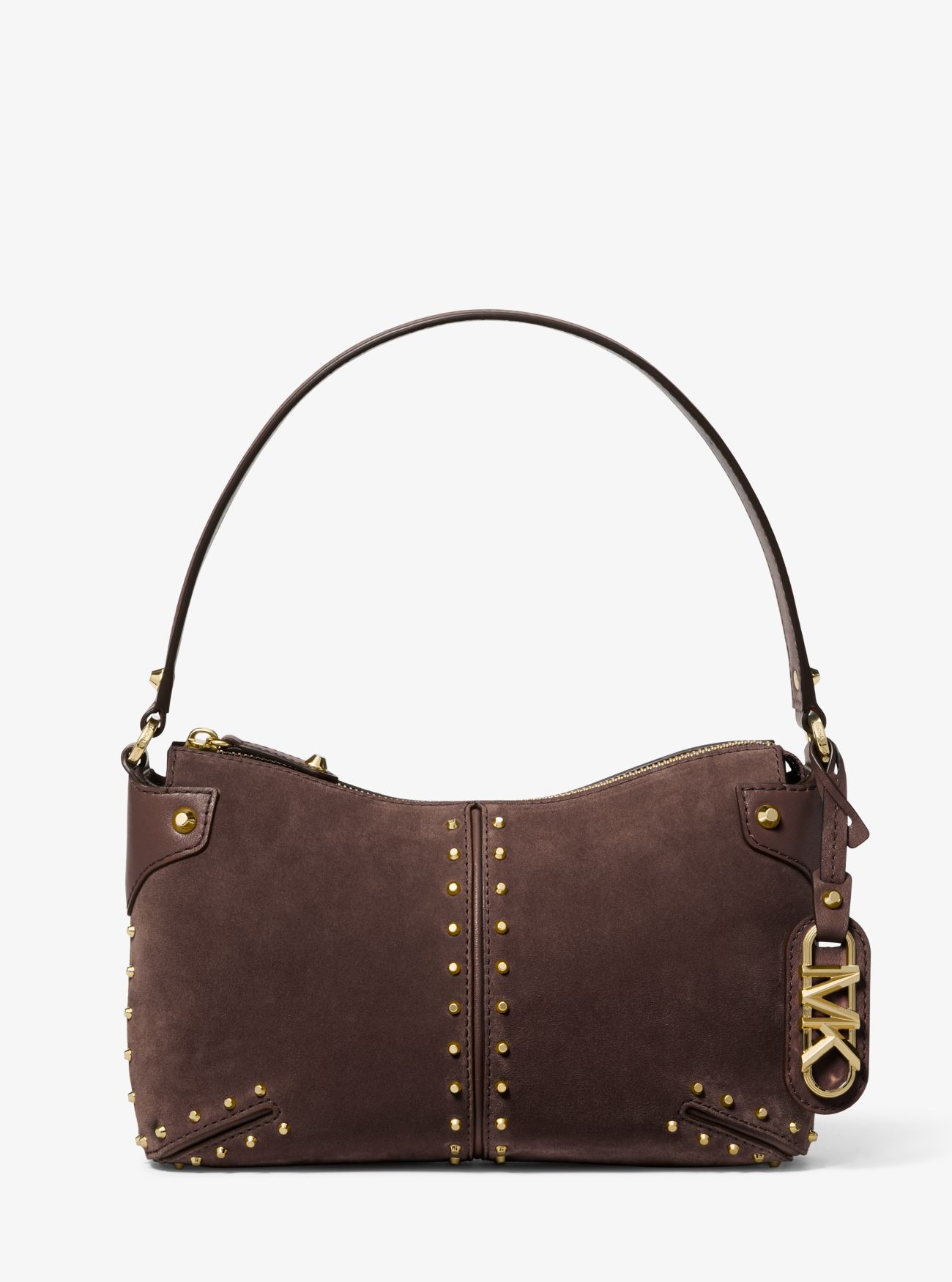 MK Astor Large Studded Suede Shoulder Bag - Chocolate - Michael Kors