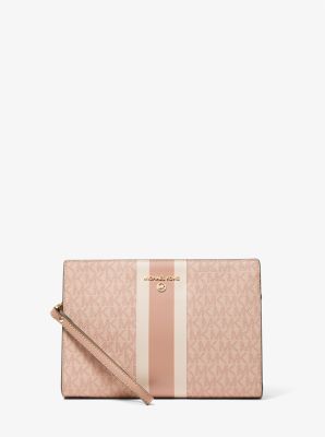 Shop Michael Kors Medium Logo Stripe Zip Pouch In Pink