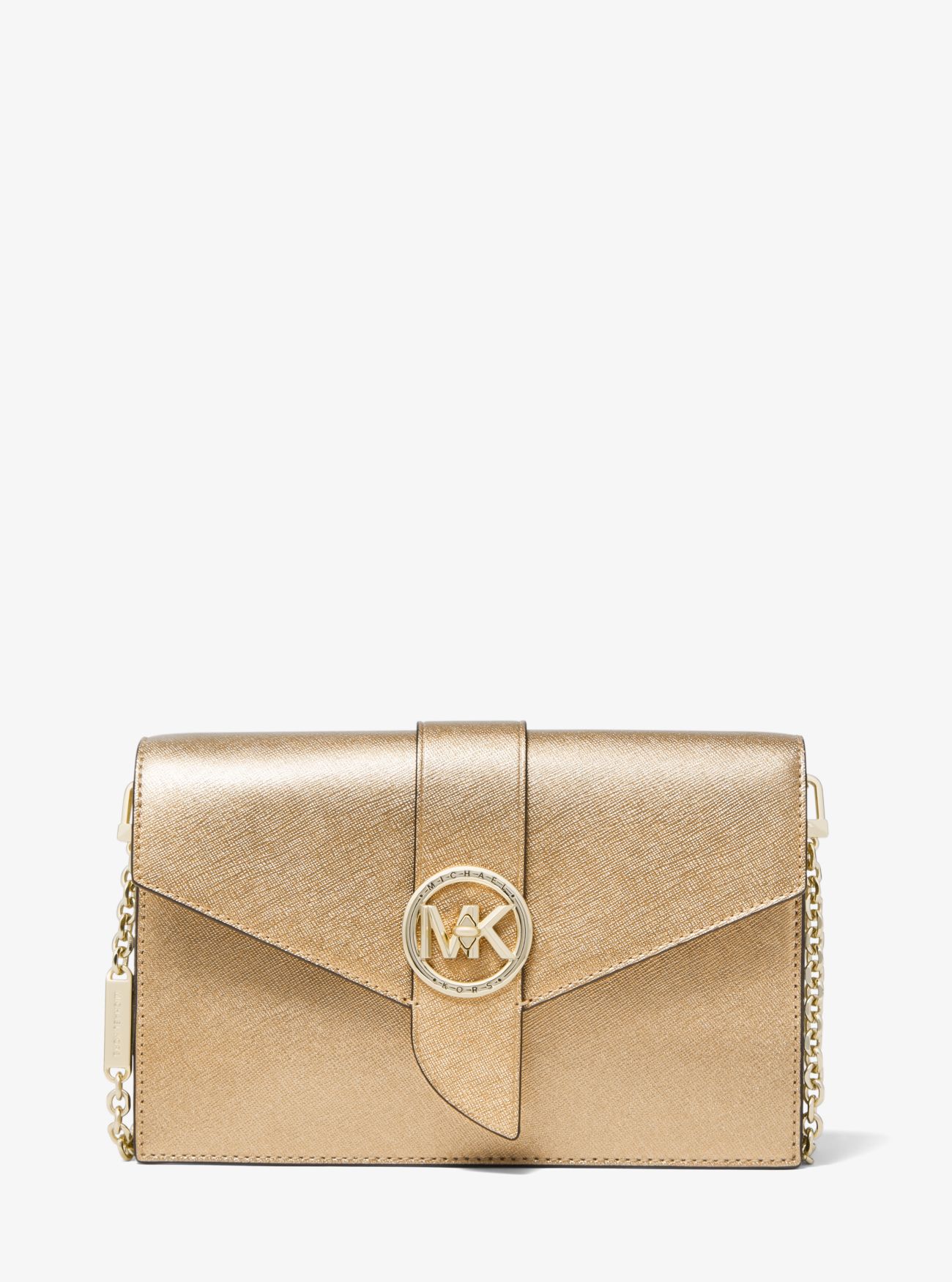 MK Medium Metallic Saffiano Leather Convertible Crossbody Bag - Pale Gold - Michael Kors