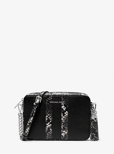 MK Ginny Pebbled Leather and Snake Embossed Crossbody Bag - Black/white - Michael Kors