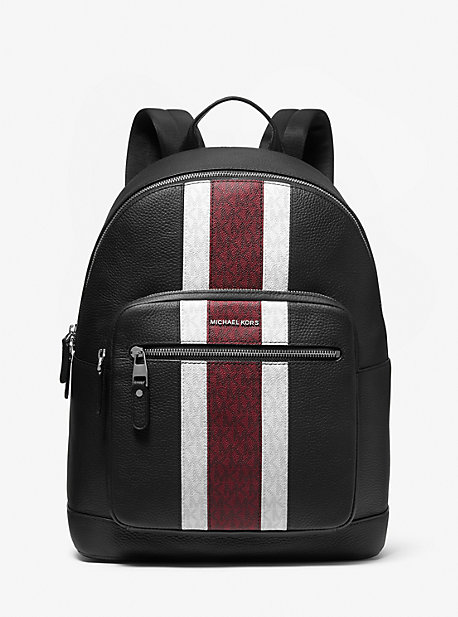 MK Hudson Pebbled Leather and Logo Stripe Backpack - Black - Michael Kors