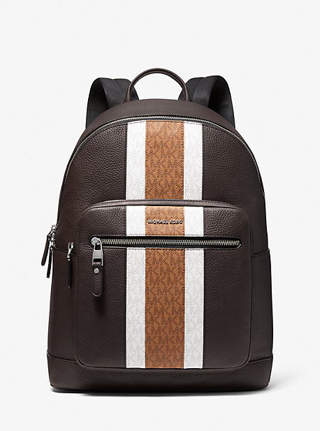 MK Hudson Pebbled Leather and Logo Stripe Backpack - Brown - Michael Kors