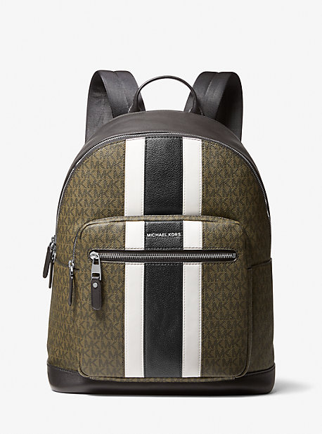 MK Hudson Pebbled Leather and Logo Stripe Backpack - Olive - Michael Kors