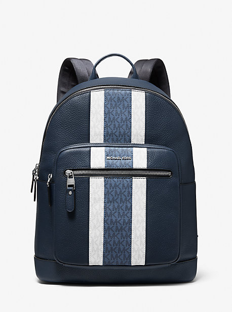 MK Hudson Pebbled Leather and Logo Stripe Backpack - Navy - Michael Kors