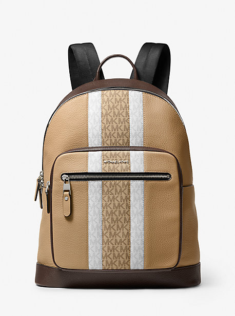 MK Hudson Pebbled Leather and Logo Stripe Backpack - Brown/camel - Michael Kors