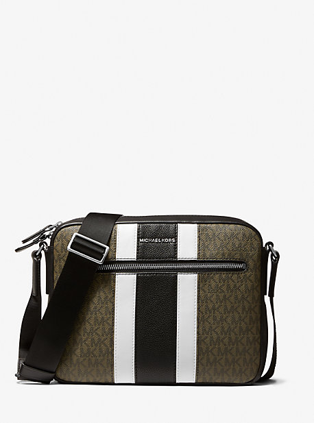 MK Hudson Pebbled Leather and Logo Stripe Camera Bag - Olive - Michael Kors