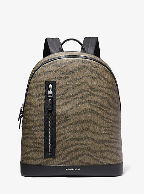 MK Hudson Slim Animal Print Logo Backpack - Olive Combo - Michael Kors