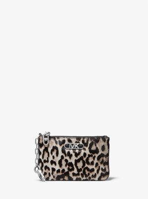 MK Parker Small Leopard Print Calf Hair Zip Card Case - Heather Grey - Michael Kors