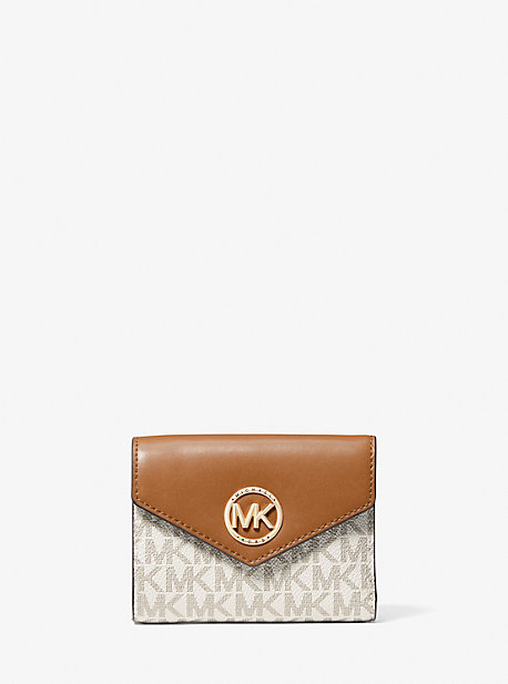 MK Carmen Medium Logo and Leather Tri-Fold Envelope Wallet - Vanilla/acorn - Michael Kors