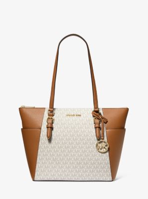 Michael Kors Charlotte Large Logo And Leather Top-zip Tote Bag In Natural