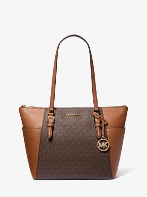 Michael Kors Charlotte Large Logo And Leather Top-zip Tote Bag In Brown