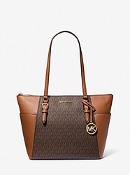 Charlotte Large Logo and Leather Top-Zip Tote Bag - BROWN - 35T0GCFT3B