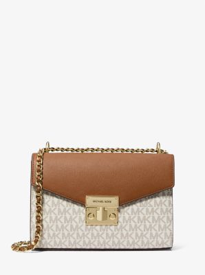 Michael Kors Medium Logo and Leather Crossbody Bag - Natural