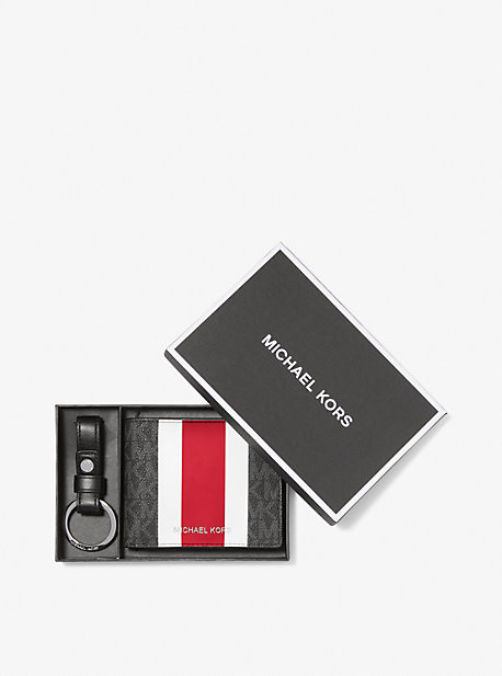 Michael Kors Logo Stripe Billfold Wallet And Keychain Gift Set In Red