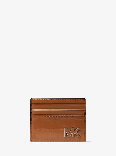 MK Hudson Crocodile Embossed Faux Leather and Logo Card Case - Luggage Brown - Michael Kors