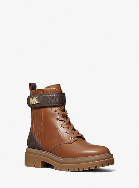 MK Stark Logo and Leather Combat Boot - Luggage Brown - Michael Kors