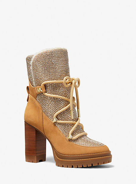 Michael Kors Culver Embellished Nubuck And Glitter Chain Mesh Lace-up Boot In Natural