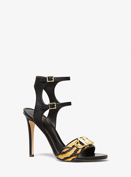 Michael Kors Parker Tiger Print Calf Hair And Leather Sandal In Yellow
