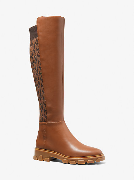 MK Ridley Leather and Logo Jacquard Knee Boot - Luggage Brown - Michael Kors