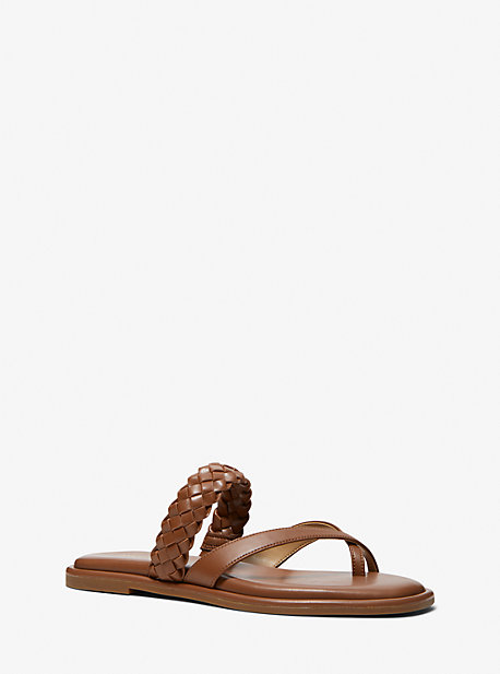 MK Alba Braided Faux Leather Slide Sandal - Luggage Brown - Michael Kors