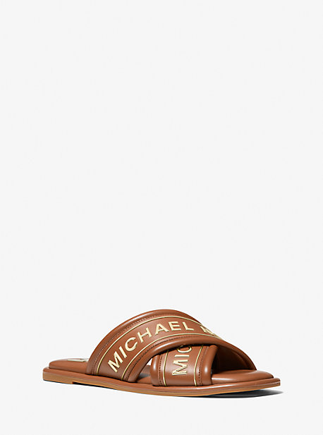 MK Gideon Embellished Faux Leather Slide Sandal - Luggage Brown - Michael Kors