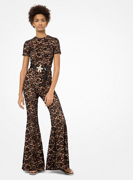 Michael Kors Floral Lace Flared Jumpsuit In Black