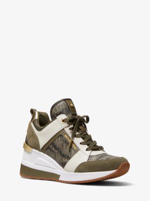 MK Georgie Animal Print Logo and Leather Trainer - Olive - Michael Kors