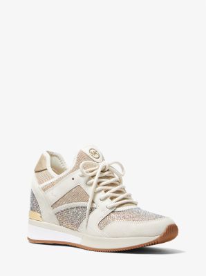 MK Maven Glitter Chain Mesh and Embellished Suede Trainer - Pale Gold - Michael Kors