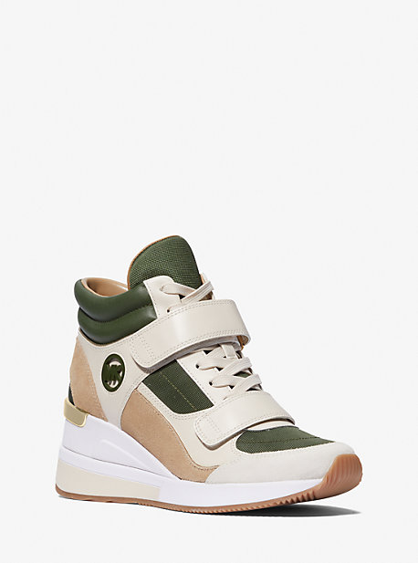 MK Gentry Leather and Canvas High-Top Wedge Trainer - Amazon Green Multi - Michael Kors