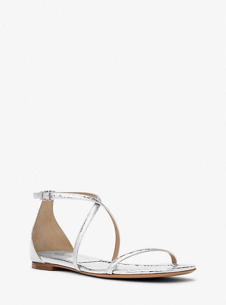 Michael Kors Polly Metallic Python Embossed Leather Sandal In Silver