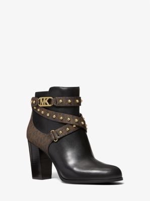 MK Kincaid Leather and Studded Logo Ankle Boot - Blk/brown - Michael Kors