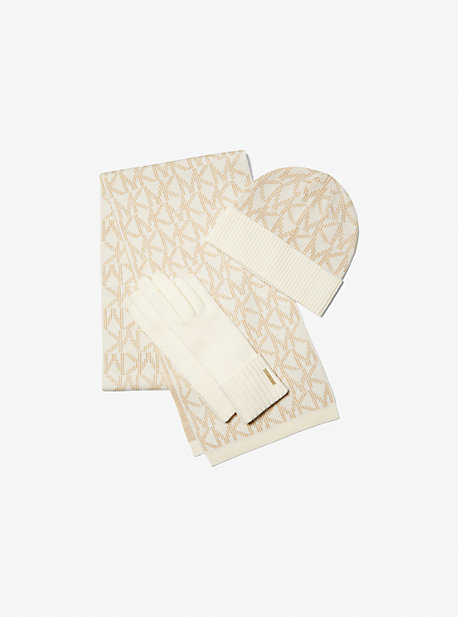 Michael Kors Logo Jacquard Scarf Beanie And Gloves Gift Set In Natural
