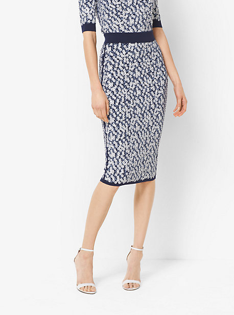 Michael Kors Floral-embroidered Stretch-viscose Pencil Skirt In Blue