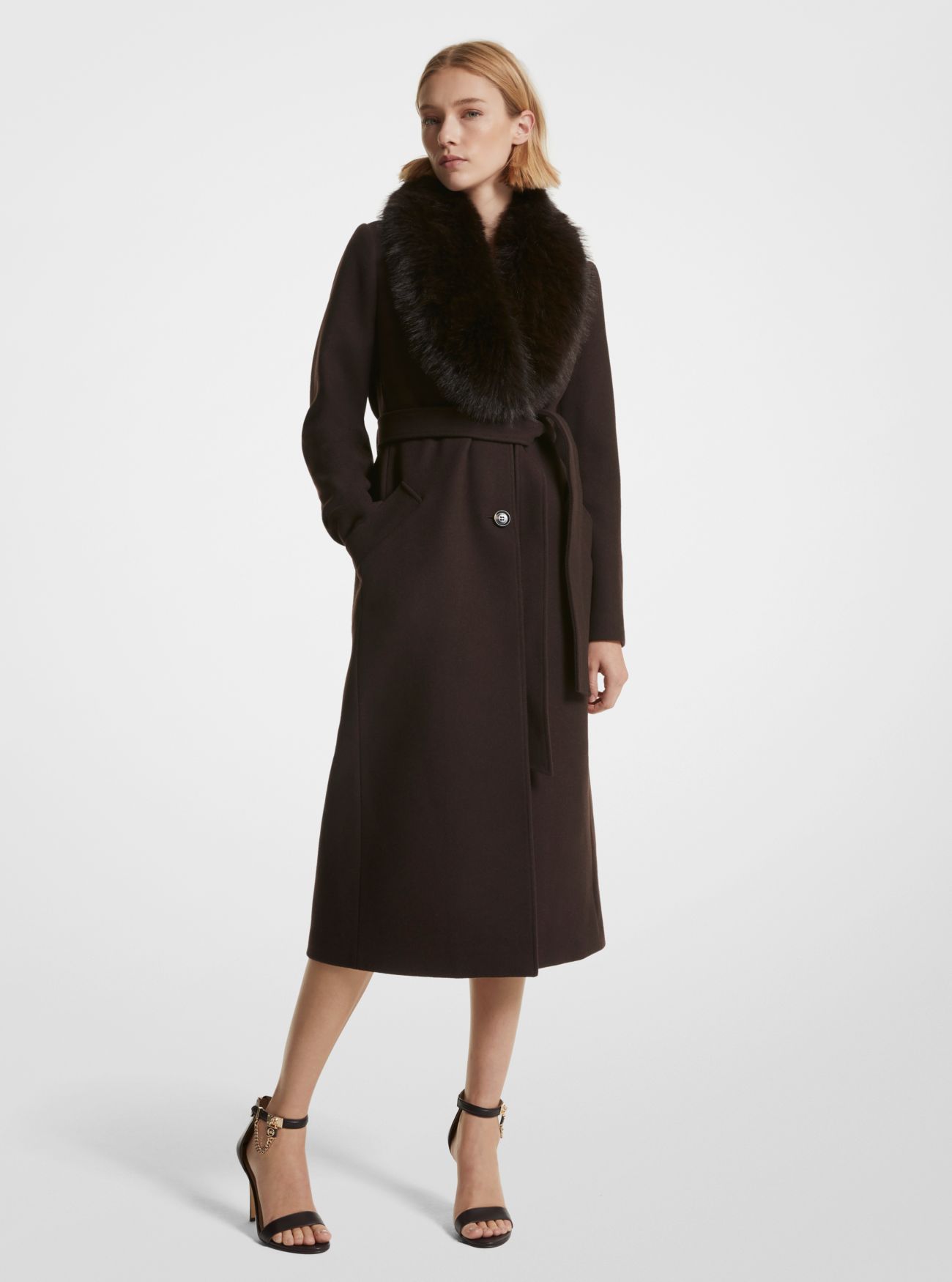 MK Faux Fur Trim Wool Blend Coat - Chocolate - Michael Kors