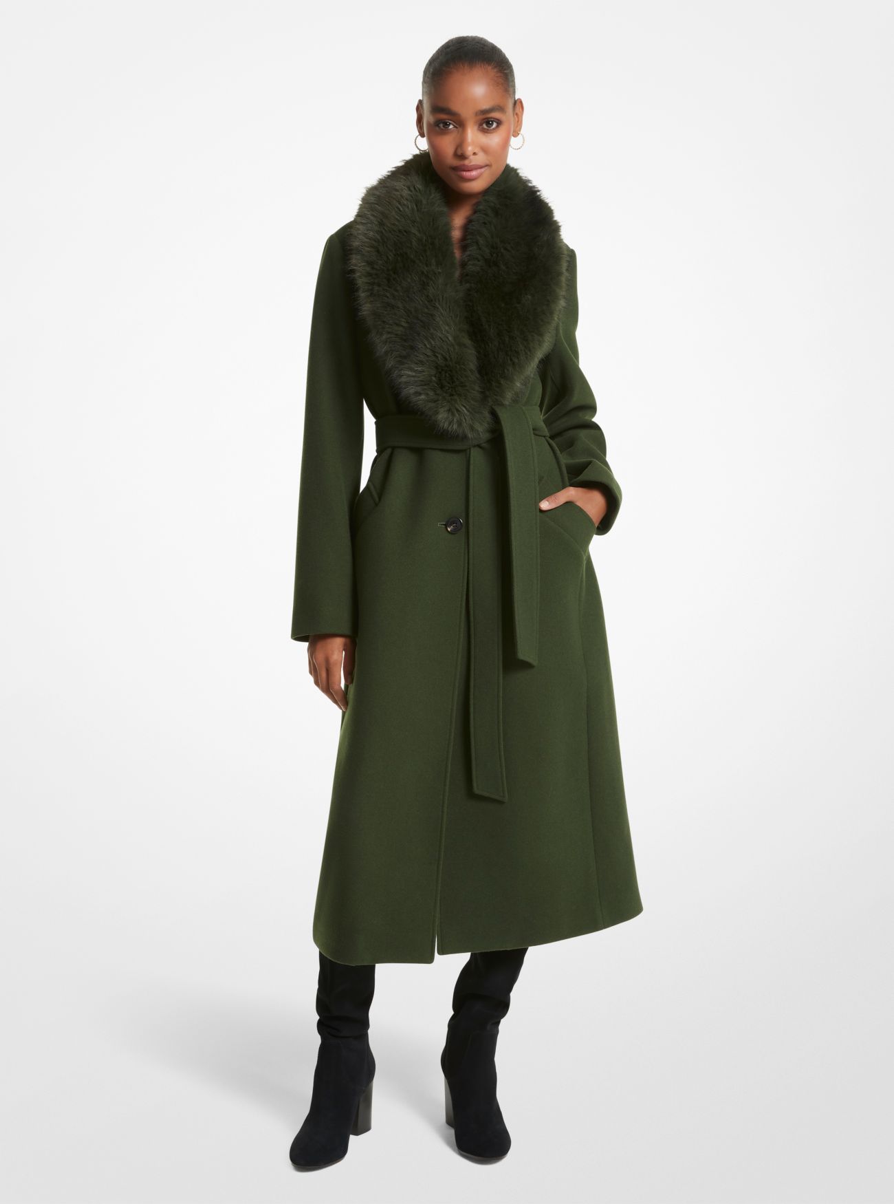 MK Faux Fur Trim Wool Blend Coat - Jade - Michael Kors