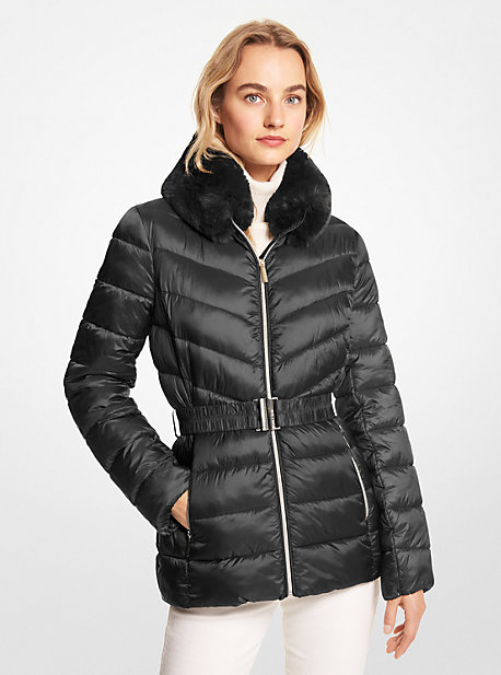 Michael Kors Faux Fur Trim Quilted Nylon Packable Puffer Jacket In Black